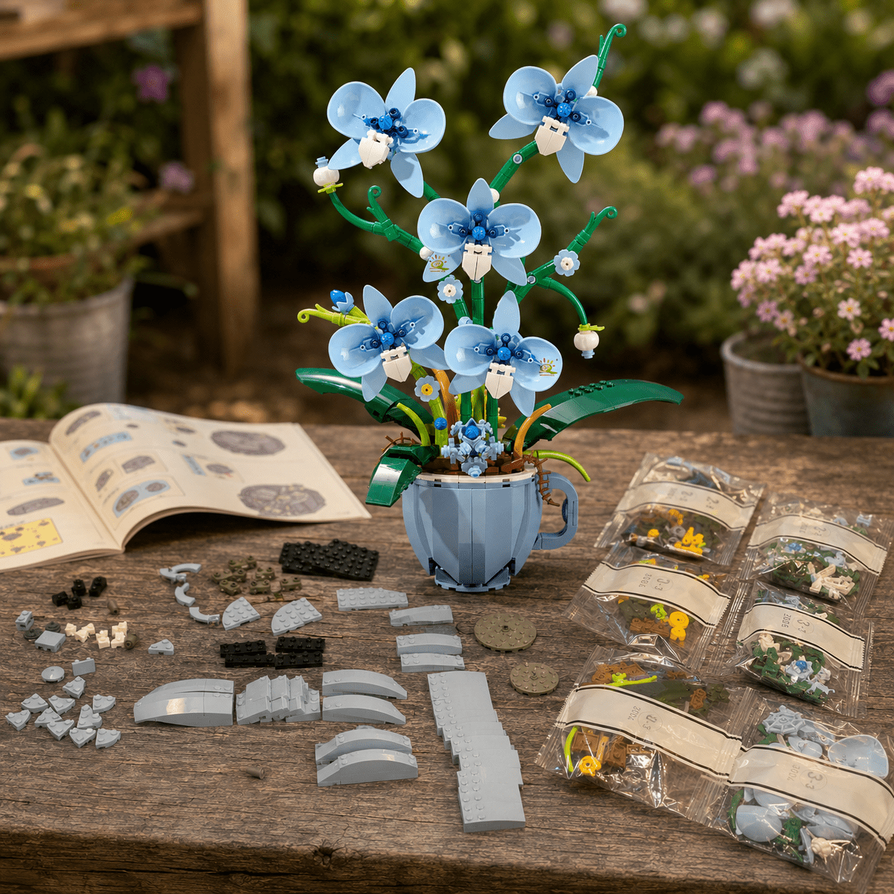 Flat lay of the orchid coffee cup building block set with instruction booklet and pieces